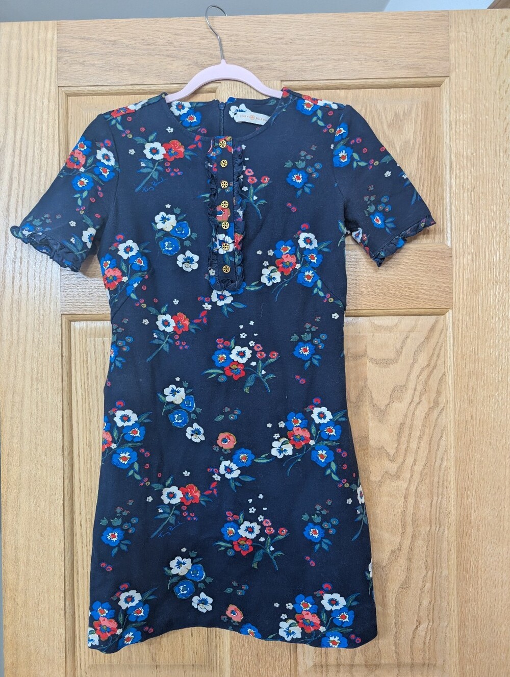Tory Burch Miranda Short-Sleeve Pansy Bouquet Ponte Shirt dress S - Picture 3 of 10